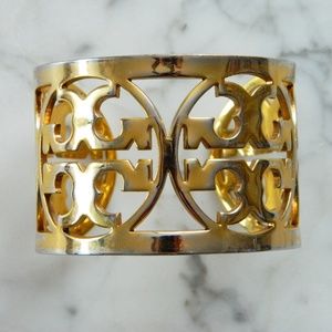 Tory Burch Gold Metal Logo Curved Cuff Bracelet